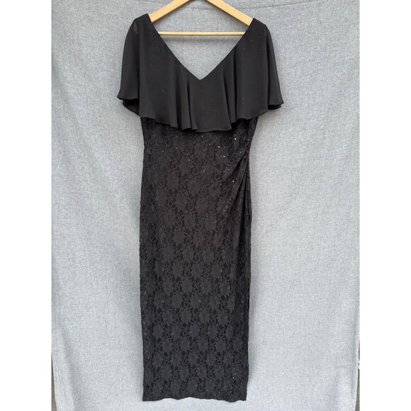 Connected Apparel Sz 12P Black Sequins Lace Cape Sleeve Long Sheath Dress - Picture 1 of 9